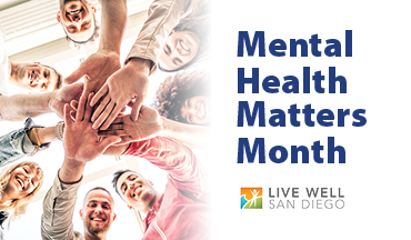 Graphic with people with hands in. Stating Mental Health Matters Month